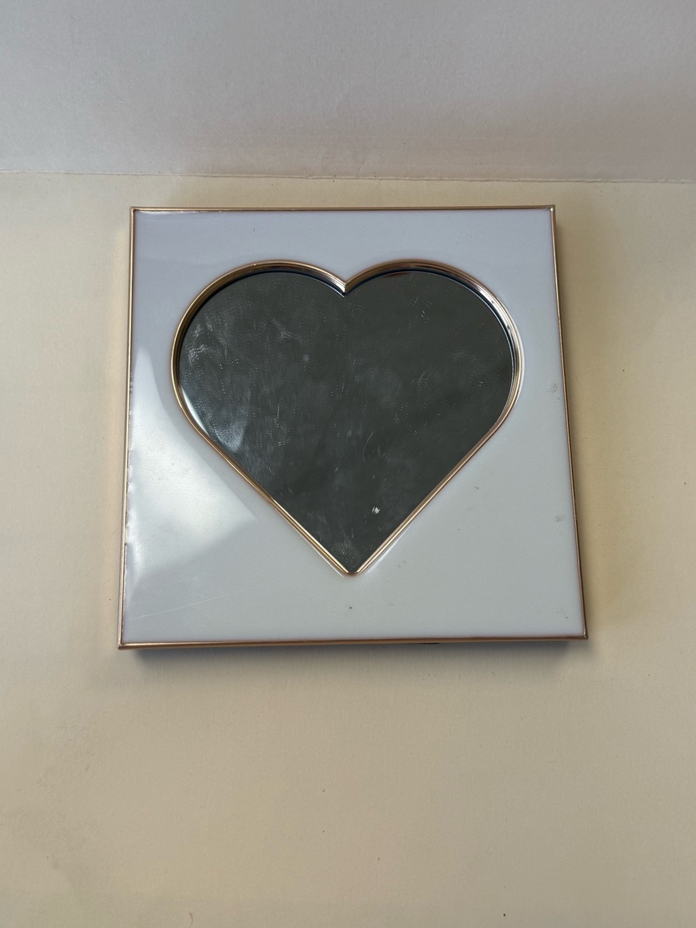 White Enamel and Rose Gold Decorative Heart Shaped Desk Mirror with Frame Stand